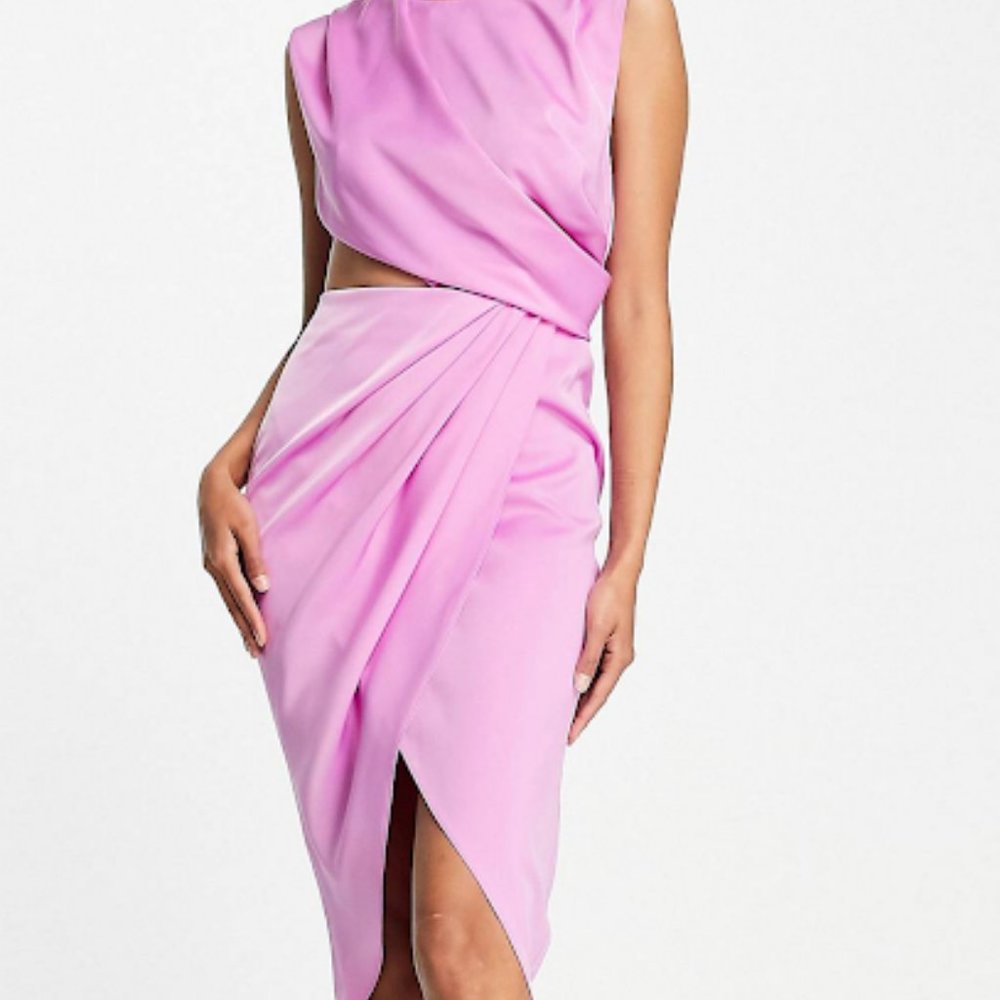 ASOS Pink Satin Drape Cut-Out Midi Dress